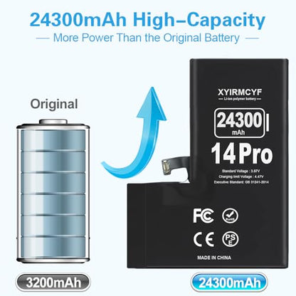 XYIRMCYF 24300mAh Super Capacity Battery Compatible with iPhone 14 Pro, 0 Cycle Li-Polymer Replacement Battery for iPhone 14 Pro, with Professional Repair Tool Kit - color: 14Pro-24300