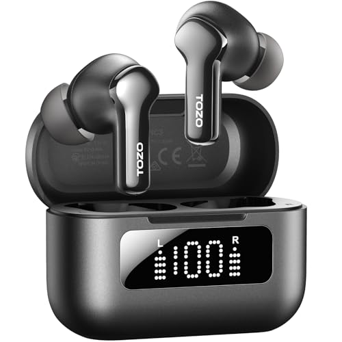 TOZO Hybrid Active Noise Cancelling Wireless Earbuds 6 Mics AI Clear Call | 68H Playtime LED Display 32 Preset EQs App Bluetooth 5.3 IPX8 Waterproof Ear Buds - color: Black