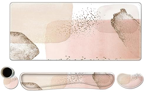 ToLuLu Extended Gaming Mouse Pad, Ergonomic Keyboard Mouse Wrist Rest Set | Large Desk Mat with Stitched Edges, Memory Foam Support Non-Slip Base Mousepad for Home Office Game Study, Gold Art Style - color: Gold Art Style