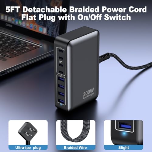 USB C Charger 200W Charger Block, 8-Ports Gan Fast Charging Station Hub, PD 65W Laptop Charging Adapter Compatible with MacBook Pro/Air, DELL, Steam Deck, iPhone 17/16/15/14, Galaxy - color: Black