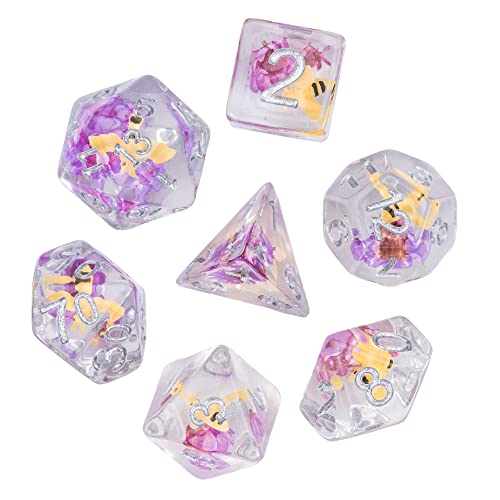 Cusdie 7-Die DND Dice, Polyhedral Dice Set Filled with Animal, for Role Playing Game D&D Dice (Bee Purple Flower) - color: Bee Purple Flower