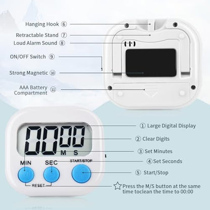 4 Pack Digital Kitchen Timer Magnetic Digital Timer with Big Display Loud Ring Cooking Timers for Cooking, Game, Gym, Break Time, Classroom(4,Pink, Blue, Green, White) - color: Pink,blue,green,white