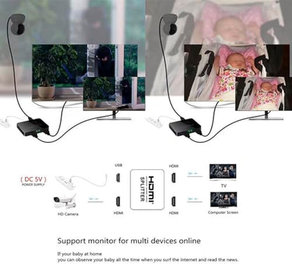 HDMI Splitter 1 in 2 Out【with 1HDMI Cable + 1USB Cable+1Power Adapter 】 1×2 Power HDMI Splitter/Distributor 2 Ports for Dual Monitors Copy/Mirror Support 4K@30Hz 1080P Full HD 3D LED HD TV PS3/4 etc - size: HDMI Splitter 1×2 4K@30HZ