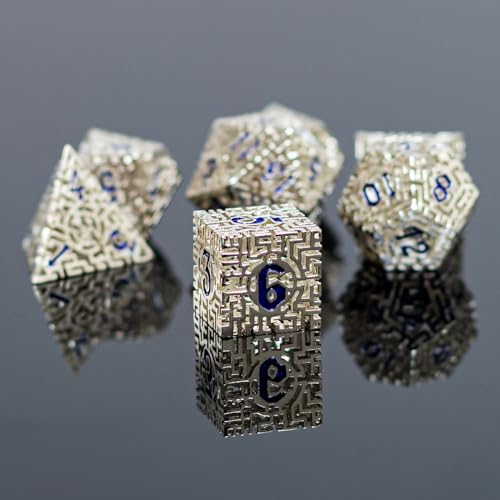 Metal Hollow DND Dice Set with A Gift Box, Silver Metallic Luster Maze Design, Ideal DND Dice Set for D&D DM and Players, Perfect for Dungeons and Dragons, MTG, COC Game Meetings (Cleric) - color: Hollow-silver