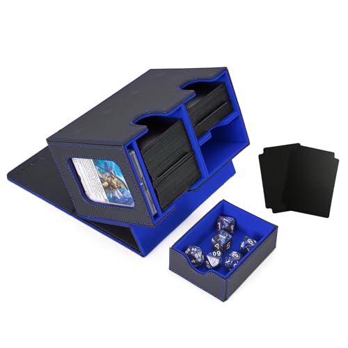 Venssu MTG Deck Box for Commander Display with Dice Tray (Black＆Blue) | Holds 200 Single/160 Double-Sleeved Cards, Fit MTG/PTCG/OPTCG Cards, Strong Magnet, With 2 Dividers & 1 Magnetic Card Holder - color: Black＆Blue