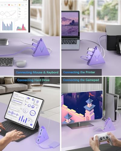 4-Port USB 3.0 Hub Tower with 2ft Cable - USB Splitter for Laptop,PC,PS4,PS5,Xbox,Mouse,Keyboard,Hard Drives,Mobile HDD(Light Purple) - color: LightPurple-A