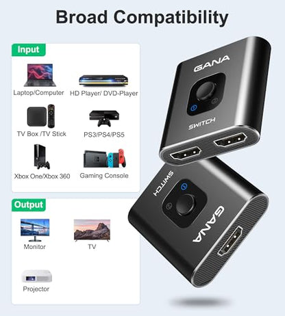 HDMI Switch 4k@60hz Splitter, GANA Aluminum Bidirectional HDMI Switcher 2 in 1 Out, Manual HDMI Hub Supports HD Compatible with Xbox PS5/4/3 Blu-Ray Player Fire Stick Roku - color: Black (No Cable)