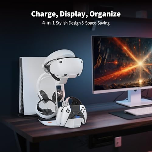 AceGamer Dual Charging Station for PS5 and VR2 Controllers, 4-In-1 Charging Dock for PS VR2 with VR Headset Display Stand, Headphone Holder, LED Lights & 3*Magnetic Connectors, Electronics Accessories