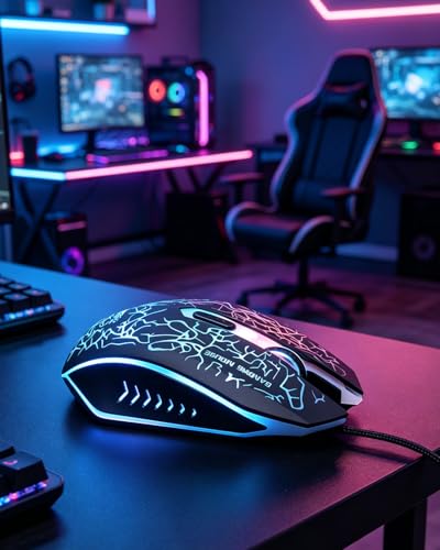Wired RGB Gaming Mouse, Ergonomic Optical Mouse with 4-Level DPI (800/1200/1600/2400), 7-Color Breathing Backlight, 8 Million Clicks Switches, Plug and Play for Laptop Desktop PC Mac Windows MacOS