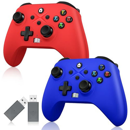 Dinosoo 2 Pack Wireless for Xbox One, Series X|S, & PC, with Turbo, Macro, Dual Vibration Hall Trigger, 3.5mm Audio Jack, Built-in Battery, with 2.4GHz Adapter - color: red and blue