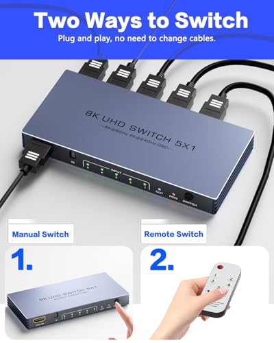 HDMI Switch 4K 240Hz - New Upgrade 5 in 1 Out 8K@60Hz 4K@240Hz HDMI Switch with Remote Support 3D/HDR/HDCP2.3, Compatible with PS5/4 Xbox Roku Apple TV Fire Stick 8k HDMI2.1 Switcher