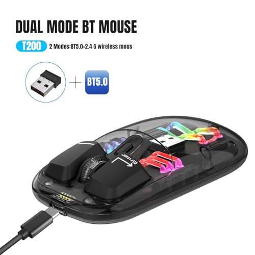 Wireless Bluetooth Mouse, Transparent BT + 2.4G Dual-Mode Mechanical Mouse with Magnetic Top Cover, Rechargeable RGB Backlit Gaming Mouse for Gaming/Esports/Desktop/Laptops/Tablets (Black) - color: Black