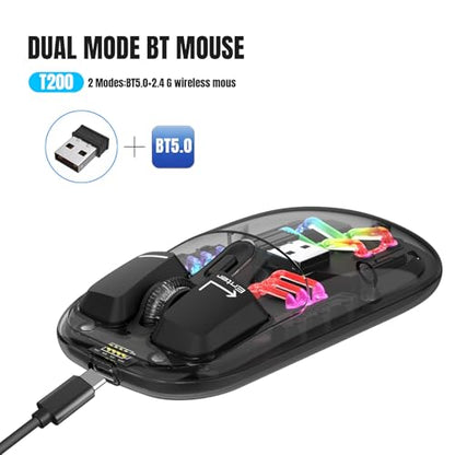 Wireless Bluetooth Mouse, Transparent BT + 2.4G Dual-Mode Mechanical Mouse with Magnetic Top Cover, Rechargeable RGB Backlit Gaming Mouse for Gaming/Esports/Desktop/Laptops/Tablets (Black) - color: Black