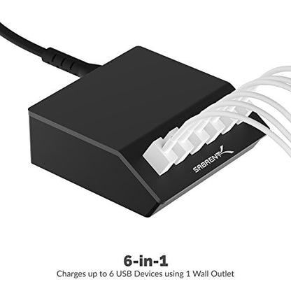 SABRENT 60W 6-Port USB Charging Station, Auto-Detect, UL (AX-FLCH-B) | 12A aluminum desktop rapid charger; smart auto-detect ports; UL certified; black - size: 6-Port