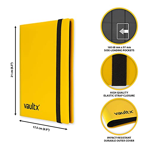 Vault X 4 Pocket Strap Trading Card Binder 160 Cards Side Loading (Yellow) | Holds 160 standard-size TCG cards in 20 side-loading 4-pocket pages. Padded, water-resistant cover. - color: Yellow