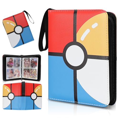 Collectible Trading Card Albums,4 Pocket Card Binder, 400 Double Sided Pocket PU Premium Zip Trading Collection Binderwith 50 Removable Sleeves, Card Folder forTCG, Sports Cards (Red &Blue) - color: Red &Blue