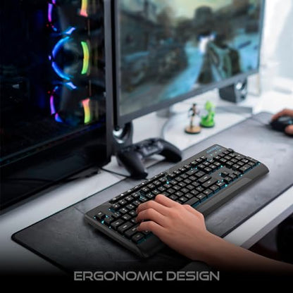 Aimzone Backlit Gaming Keyboard, Ergonomic Quiet Membrane Led Keyboards, 8 Extra On-Board Multimedia Keys, Anti-Ghosting, Dedicated Media Control, Wired, USB, Black (Keys Don't Light Up)