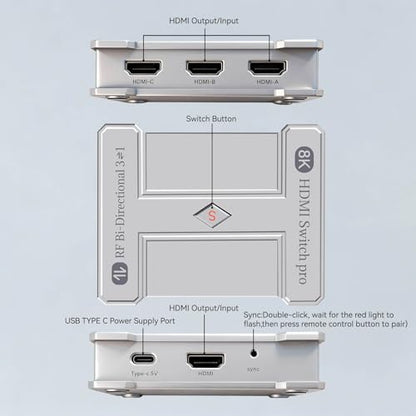 8K HDMI 2.1 Bi-Directional Switch, 3-in 1-Out & 1-in 3-Out, Support 8K@60Hz 4K@120Hz HDR+ Dolby Vision, HDMI 2.1 Splitter Compatible with PS5/4 Xbox Nintendo Switch Roku Apple TV Fire Stick