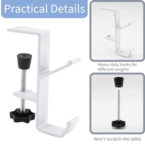 Desk Mount Bag Holder Hook Clamp-On Backpack Hanger Portable Desk Mount Headphones Holder Reduce Desk Clutter for Table Desk, Under Counter (White) - color: White
