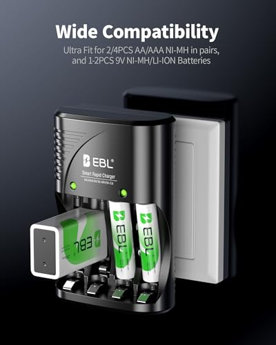 EBL Rechargeable AAA Batteries with Charger with AC Plug for AA/AAA/9V | Mercury-Free, 1200 Cycles, Charger with AC plug, 8 AAA batteries. Also charges 9V. Ideal for remotes, toys, flashlights