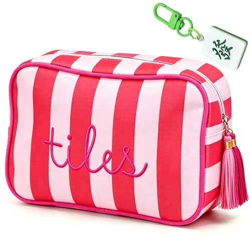 Mahjong Tile Bag, Thickened Canvas Zippered Mahjong Storage Pouch, Embroidered Portable Mahjong Carrying Bag for American Mahjong Tiles, Ideal for Game Night Travel Gatherings Board Game Accessories - color: Red