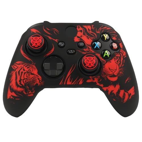 Tiger HeadController Skin Compatible with Xbox Series X Wireless Controller, RALAN Protector Case， Customised Thumb Grips Cap - color: Tiger Head black red