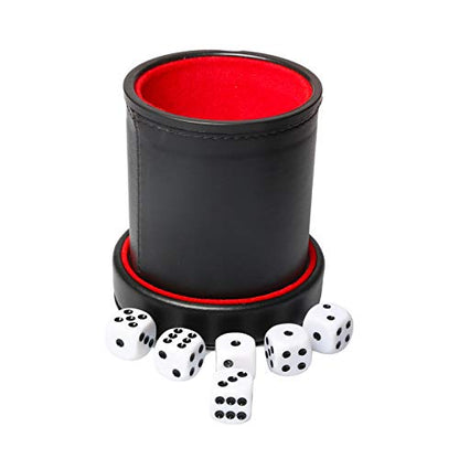 Leatherette Dice Cup with Lid, Red Felt-Lined Dice Shaker Includes 6 Regular Dice for Liars Dice/ Farkle/ Yahtzee/ Games, 1 Pack - color: Red