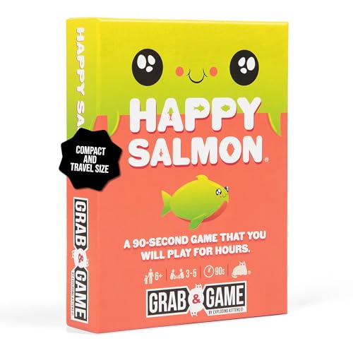Exploding Kittens Happy Salmon Grab and Game, 2-4 Players, Ages 7+ | Frantically shout your actions, find a matching player, complete the action, and discard your card. Fast 90-second travel fun