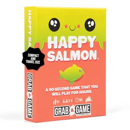 Exploding Kittens Happy Salmon Grab and Game, 2-4 Players, Ages 7+ | Frantically shout your actions, find a matching player, complete the action, and discard your card. Fast 90-second travel fun