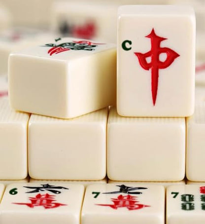 Mahjong Set,Chinese Mahjong Game Set with Carrying Travel Case, 1.5'' Large 146 Tiles with Arabic Numerals, 2 Dice and a Wind Indicator,Mah Jongg Set - color: Ivory