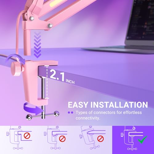 FIFINE AmpliGame BM38P Metal RGB Microphone Boom Arm for Gaming Streaming | Adjustable Suspension Scissor Mic Stand, Desk Mount Clamp, 3/8” to 5/8” Screw Adapter - color: Pink