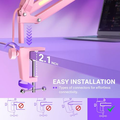 FIFINE AmpliGame BM38P Metal RGB Microphone Boom Arm for Gaming Streaming | Adjustable Suspension Scissor Mic Stand, Desk Mount Clamp, 3/8” to 5/8” Screw Adapter - color: Pink