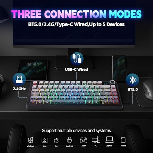 LEOBOG x Aula F75 MAX Wireless Gaming Keyboard w/Smart Display & Knob,75% Hot Swappable Custom Mechanical Keyboard, RGB Backlit,Pre-lubed Linear Switches,Side Printed PBT Topographic Keycaps(Grey) - color: Grey Gradient