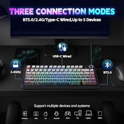 LEOBOG x Aula F75 MAX Wireless Gaming Keyboard w/Smart Display & Knob,75% Hot Swappable Custom Mechanical Keyboard, RGB Backlit,Pre-lubed Linear Switches,Side Printed PBT Topographic Keycaps(Grey) - color: Grey Gradient