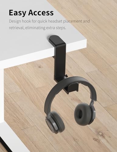 Headphone Hook Under Desk Holder 360-Degree Adjustable Rotation, Black | Fits 0.47-1.57 in desks as headset stand hanger, easy spring clamp, soft rubber pads, built-in loop for cable organizer - color: Black