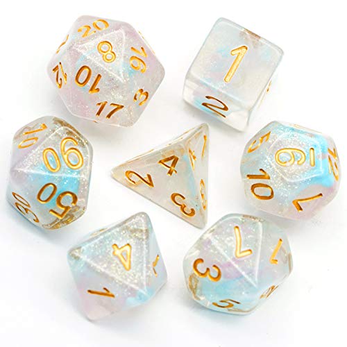 UDIXI Glitter DND Dice Set, Galaxy D&D Polyhedral Dice Set Iridecent Swirls | Pink & Cyan Colors, Gold Number, Velvet Dice Bag Packaging, for Dungeons and Dragons Role Playing Games and Tabletop Games - color: Pink Cyan