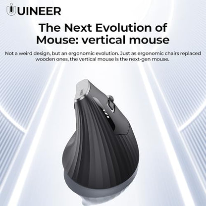 Uineer Ergonomic Vertical Mouse, 2.4G Wireless Mouse, Rechargeable, 4-DPI | Right-handed vertical design with 2.4G USB-A connection, rechargeable battery and visible battery level. - color: Black