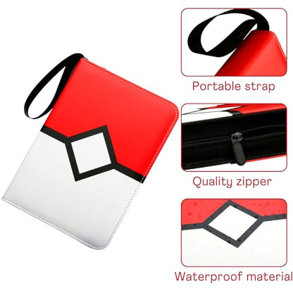 Card Binder with 4 Pockets with Zipper for 50 Pages, 400 Removable Pocket PU Waterproof Trading Collection Binder, 3 Rings Zipper Portable Card Album for MTG TCG Sports Cards Game Cards as Gift, Red