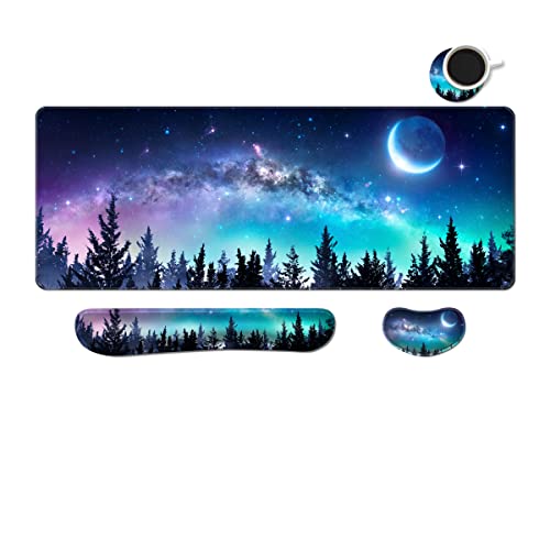 MIBITRI Keyboard Mouse Pad Set, Extended Gaming Mouse Pad+Ergonomics Keyboard Wrist Rest Support, Memory Foam, Easy Typing Pain Relief, 3Pcs XXL Ultra Thick Desk Mat, Moon Forest - color: Moon Forest