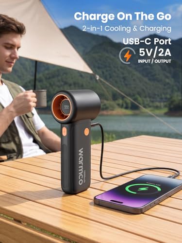Warmco 10000mAh Turbo Portable Handheld Fan | 36H Runtime, 15000RPM Motor, 9m/s Airflow, 5 Speeds, LED Display, USB- C-C Two-Way Charging,Outdoor Travel - color: Black