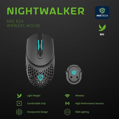 Computer Mouse with Tri-Mode (Bluetooth/2.4G/Wired), Lightweight Mouse with Magnetic Charging Dock, Honeycomb Shell, RGB Lighting, Rechargeable – Compatible with Laptop/PC/Mac/Tablet (Black)