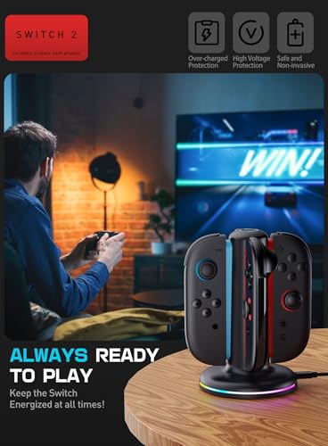 Mumba Magnetic Charging Station Compatible with Nintendo Switch 2, 4-in-1 Fast Charging Dock for Joy-Con Controllers, Dual-Direction Design with 9 RGB Lights, Overcharge Protection & USB-C Cable