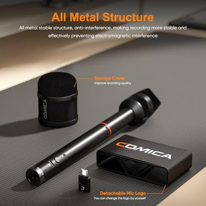 COMICA Revo S Wireless Handheld Microphone, Professional Handheld Interview Mic for iPhone16 15, Android Phones Laptops PC with USB-C Plug, Reporter Mic for Content Creators, Interviews, Reporting | Professional Interview Microphone with Plug & Play, Nois