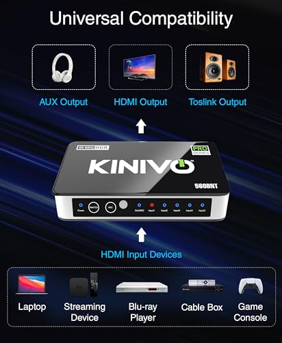 Kinivo HDMI Switch with Audio Extractor 560BNT (5 in 1 Out Hub, Toslink Optical Audio Port, SPDIF, 4K 60Hz Switcher, 18Gbps, IR Remote) - Compatible with Gaming Console, Cable TV, PC, Dolby Digital - size: 4K - 5 Port with Toslink
