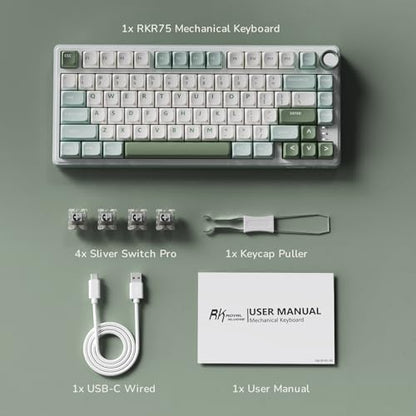RK ROYAL KLUDGE R75 Mechanical Keyboard Wired with Volume Knob, 75% Keyboard Gasket Mounted, RGB Backlit, Creamy Keyboard with MDA Profile, PBT Keycaps, Hot Swappable Pre-lubed Tactile Switch - color: green