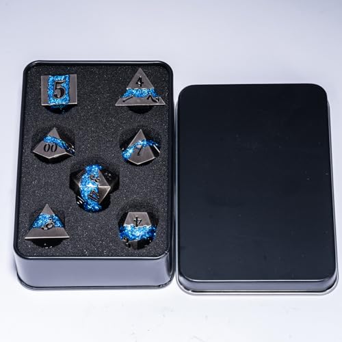 Metal DND Dice Set, 7PCS Polyhedral Metal Dice with Galaxy Glitter Inlay, Heavy RPG Dice Set for Dungeons and Dragons, Pathfinder Tabletop Games - color: Ancient Nickel Brilliant Blue