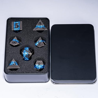 Metal DND Dice Set, 7PCS Polyhedral Metal Dice with Galaxy Glitter Inlay, Heavy RPG Dice Set for Dungeons and Dragons, Pathfinder Tabletop Games - color: Ancient Nickel Brilliant Blue