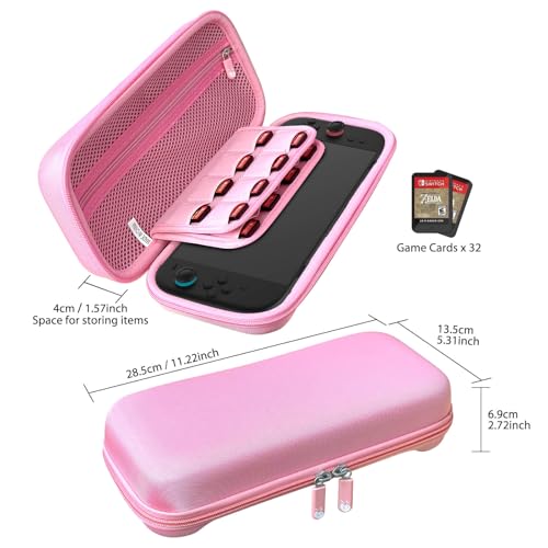 RAVEtone Travel Carrying Case Compatible with Nintendo Switch 2 Model 2025, Large Capacity Premium EVA Portable Hard Shell Pouch Waterproof Game Bag with 32 Game Cartridge Accessories (Pink) - color: Pink, style: Large