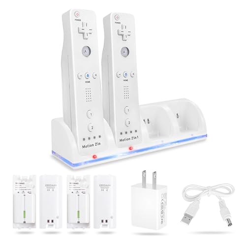 4-in-1 Charging Station for Wii&Wii U Remote Controller,Charger with 4 Rechargeable Battery Packs (4 Port Charging Station+4 pcs 2800mAh Replacement Batteries+USB Cable),Remote Not Included