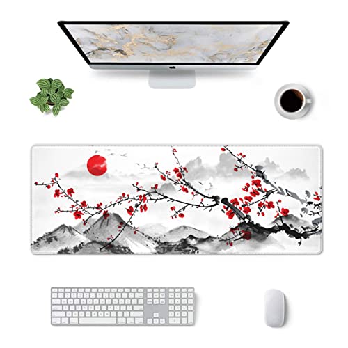 Watercolor Cherry Blossom Mouse Pad 31.5x11.8 Inch Pink Full Desk Japanese Sakura Mousepad Extended Large Non-Slip Rubber Base Waterproof Big Keyboard Mat with Stitched Edges for Gaming and Office - color: Cherry Blossom 1